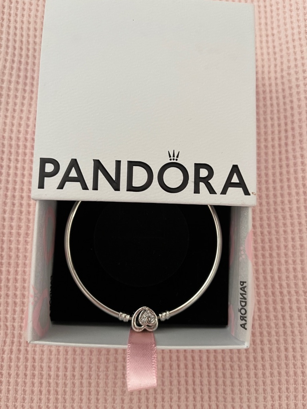 Pandora Silver Heart Charm Bangle Bracelet - Pink Ribbon